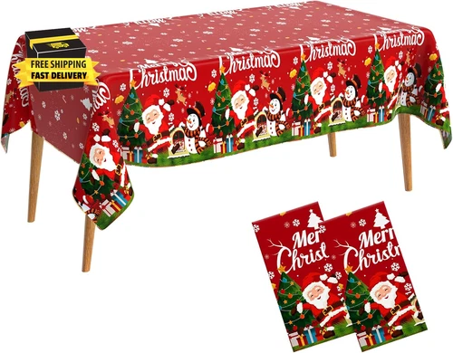 Merry Christmas Plastic Tablecloth 2 Pack Disposable Rectangle Table Cloth Chris - Picture 1 of 7