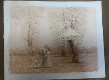 CHINESE GARDEN-  PAINTED OIL ON CANVAS - STAMPED CHINA ORIG. - T. MOREAU ARTIST