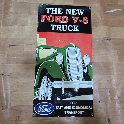 FORD V8 TRUCK PORCELAIN ENAMEL SIGN 15 X 30 INCHES
