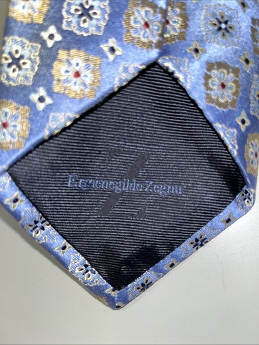 ERMENEGILDO ZEGNA Men’s Silk Tie Luxury Geometric Design Light Blue Italy - Picture 2 of 4