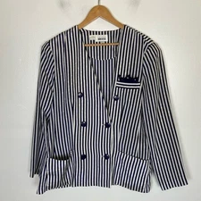 Leslie Fay Women's 80s 90s Satin Stripes Double Breasted Jacket Size 18 Nautical
