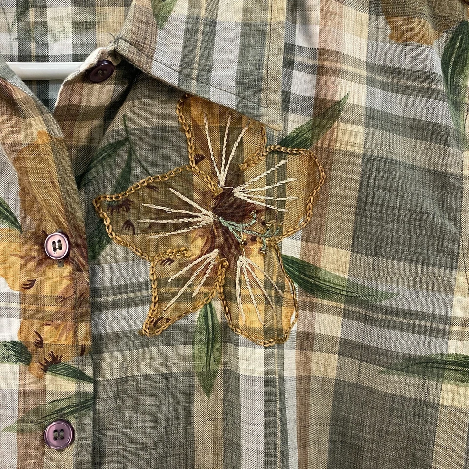 Blusa Camisa Top Grande Lemon Grass Para Mujer Tejida Botón Verde A Cuadros Manga Corta Foto 4 de 4