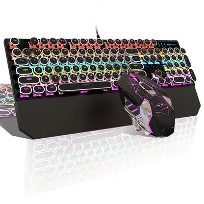 Typewriter Mechanical Gaming Keyboard and Mouse Combo, Retro Punk Round Keyca...