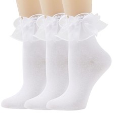 YASIDI Lace Ruffle Frilly Socks for Women, Ankle 5-9, White-3 Pairs
