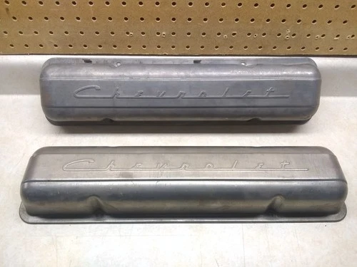 VTG Used OEM GM Chevrolet Script Valve Covers, 1955-59, Staggered Bolts, 265ci