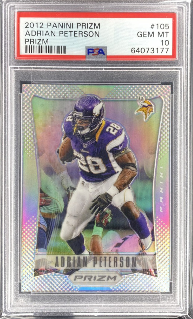 ADRIAN PETERSON PSA 10 2012 PANINI PRIZM FOOTBALL #105 SILVER PRIZM SP VIKINGS