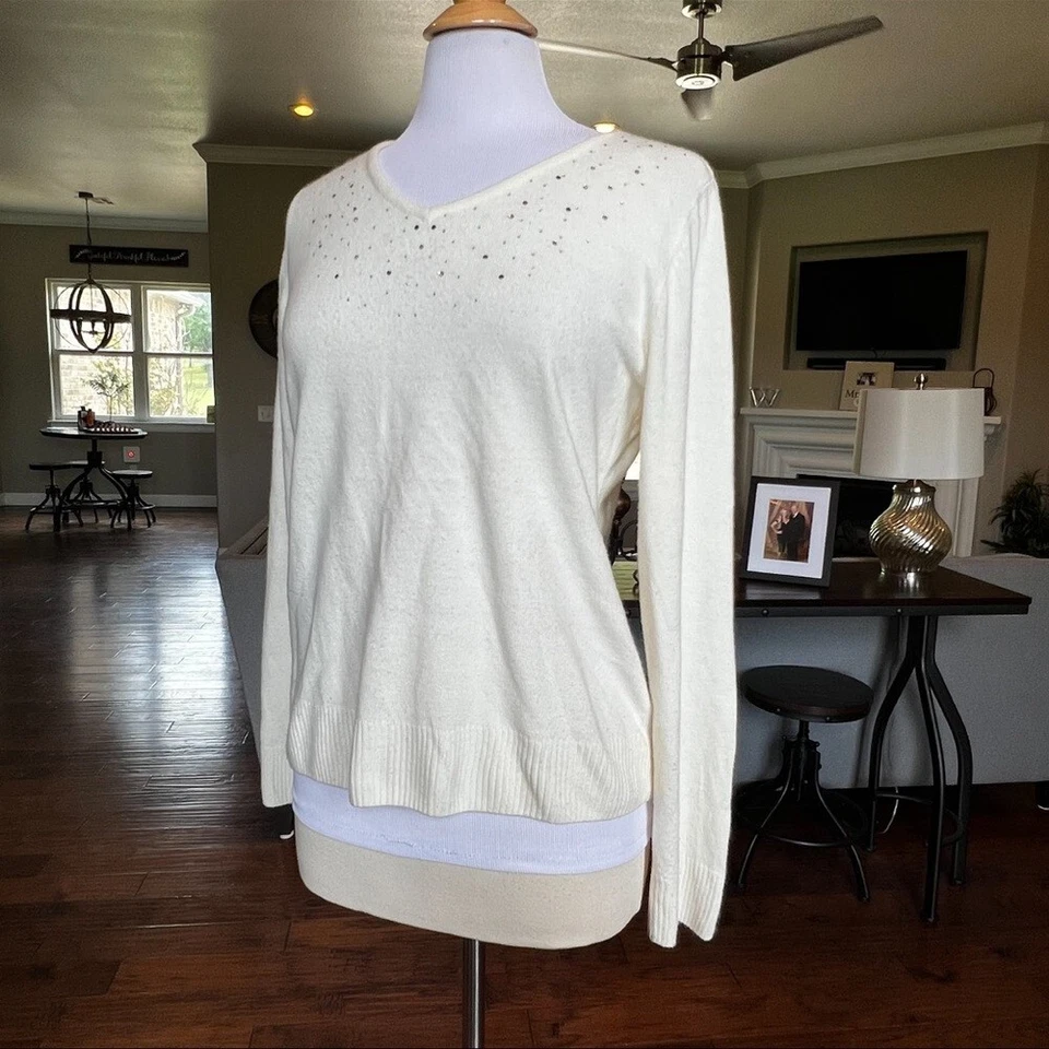 Suéter De Colección Debbie Morgan Para Mujer Grande L Crema Adorno de Cristal Tachuelas Foto 3 de 4