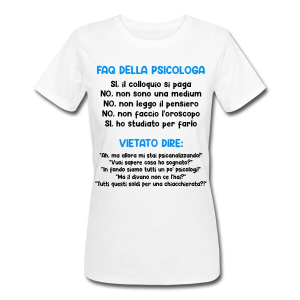 T-shirt donna Faq psicologa risposte divertenti, scritte nere e azzurre!