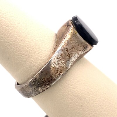 VTG Estate Mexico Modernist Sterling Silver & Onyx Size 8 Ring