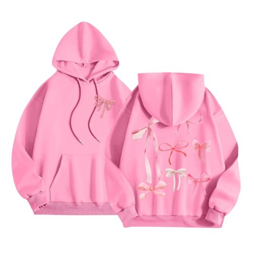 Women's Fashion Long Sleeve Letter Bow Printed Hooded Drawstring Sweatshirt - Picture 2 of 42
