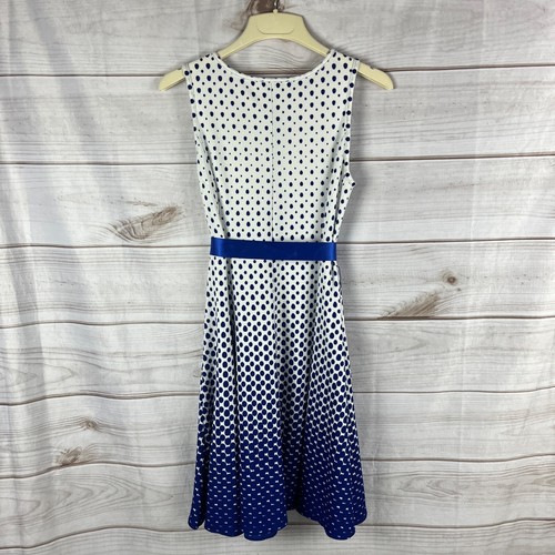 Haani Petite Small Sleeveless Polka Dot Fit Flare Dress White Royal Blue Belt - Picture 4 of 5