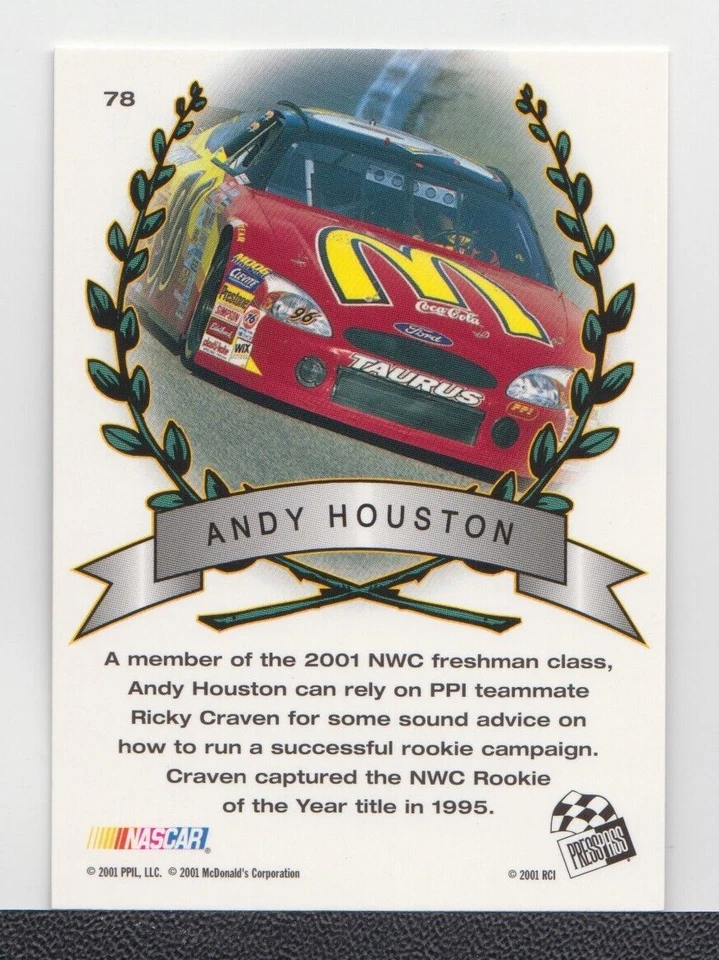 ANDY HOUSTON : 2001 - PRESS PASS TRACKSIDE- CARD No # 78 - Image 2 of 2