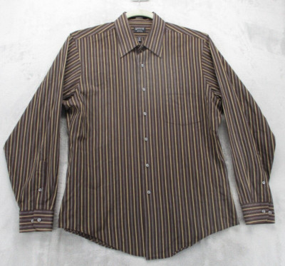 Arrow Button Up Shirt Men's Large Brown with Yelloow White Stripe Cotton Blend