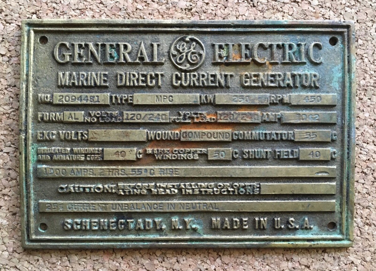 Vintage Metal Plaque Badge Tag General Electric Marine Direct