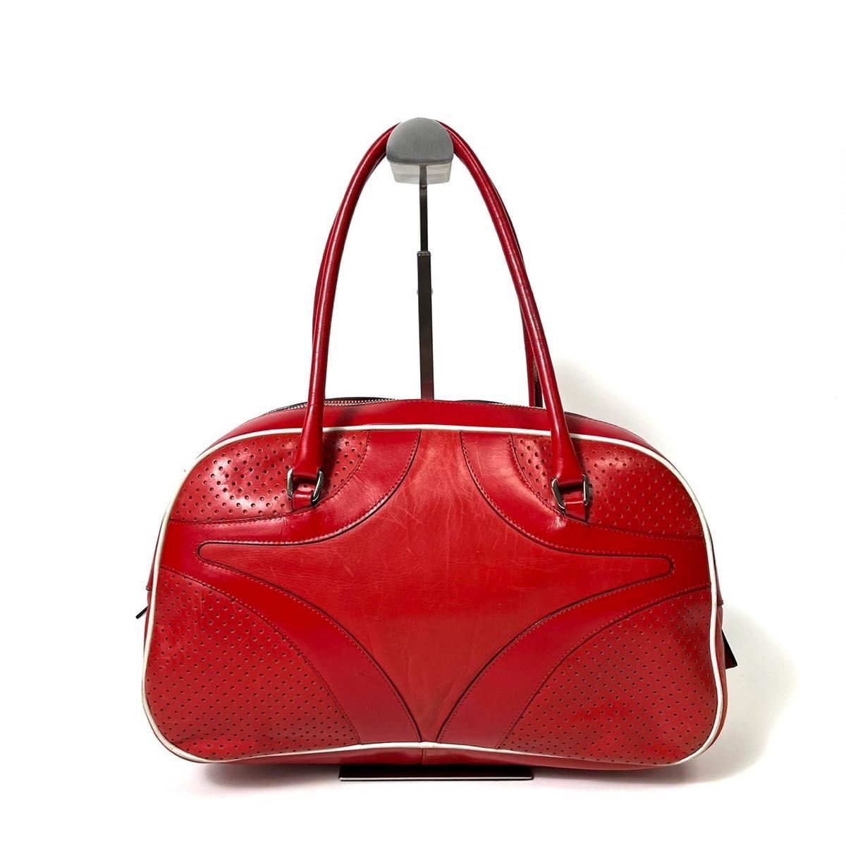 PRADA bowling bag handbag bag tote bag red leather vintage