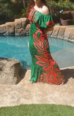 Maya Antonia Tropical-Hawaii-Polynesian Long Dress Green-Red-Floral/Off  Shoulder | eBay