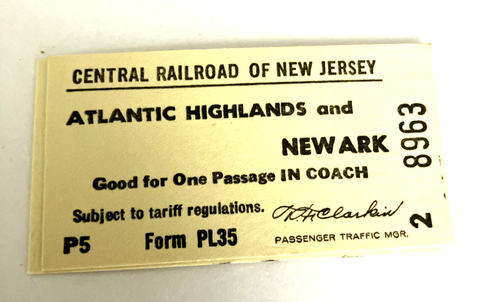 Vintage Central Railroad of New Jersey ticket, Atlantic Highlands to Newark