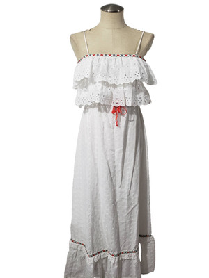 Vtg VICKY VAUGHN Union Made in USA White Lace Ruffle  Maxi Dress S/M?
