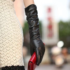 Womens Genuine Nappa Leather Ruched Elbow Long Lined Gloves On Sale #012