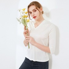 Women Knitted Mulberry Silk T-Shirt 3/4 Sleeve Under Shirt V Neck Tee Blouse Top