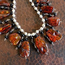 Baltic Whiskey Amber Onyx Sterling Silver Ball Chain Necklace