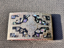 Vintage Alpaca Silver Mexico Abalone Inlay Belt Buckle Hand Engraved Mosaic