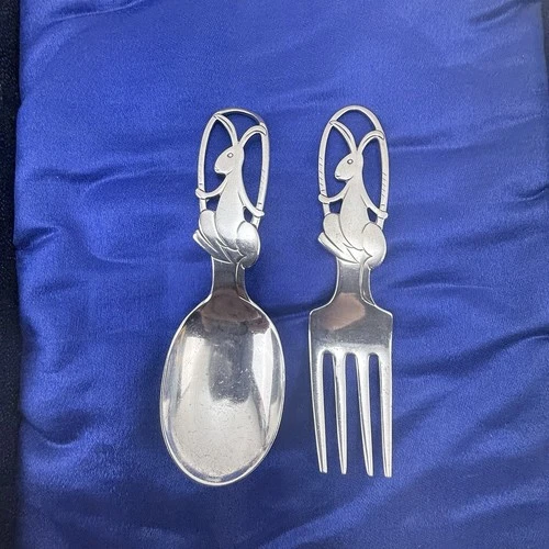 VTG Rare International Sterling 3 3/4” Child's Bunny Rabbit Fork And Spoon Set