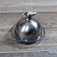 VTG Silver Tone Domed Caviar Butter Dish Bird Glass Base Pate Serveware Dining