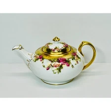 Vintage Royal Chelsea Golden Rose Teapot Brushed Gold Cabbage Roses