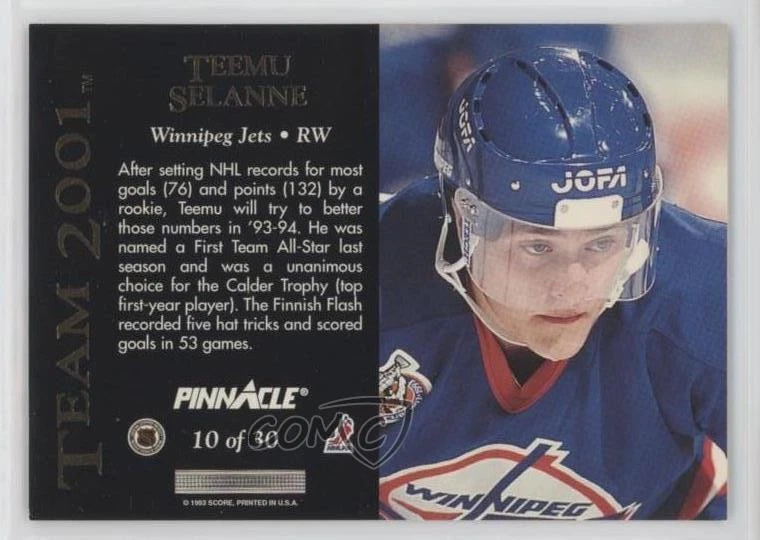 1993-94 Pinnacle Team 2001 Teemu Selanne #10 HOF - Image 2 of 2