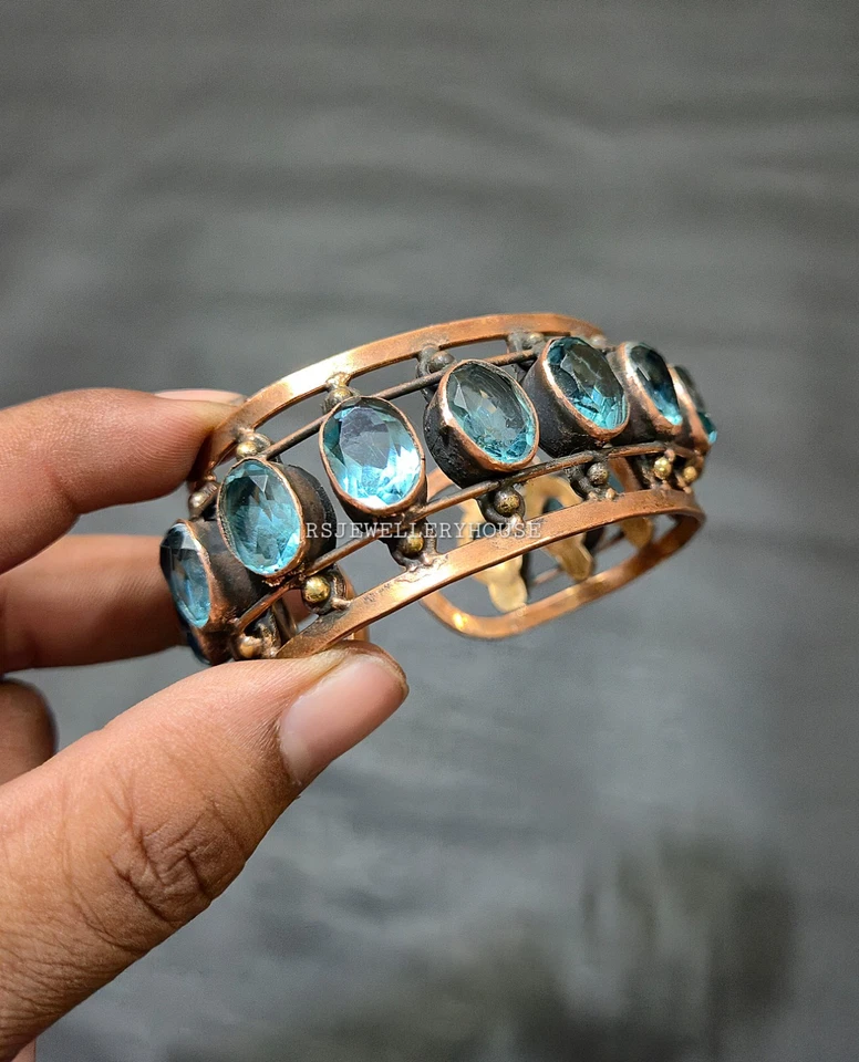 Hermoso Brazalete Brazalete Brazalete Ajustable Envuelto Alambre Cobre Gema Topacio Azul Foto 2 de 4