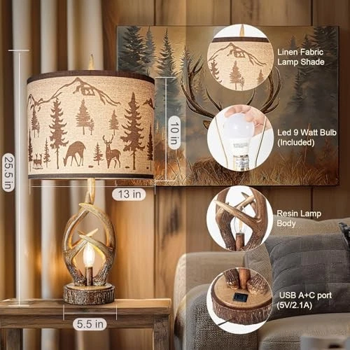 Antlers Style Table Lamp Set of 2 Rustic Bedside Lamp with Night Light Brown-3 - Image 2 of 4