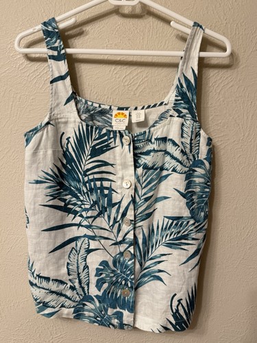 C&C California 100% Linen Tank size XS white/teal tropical button front