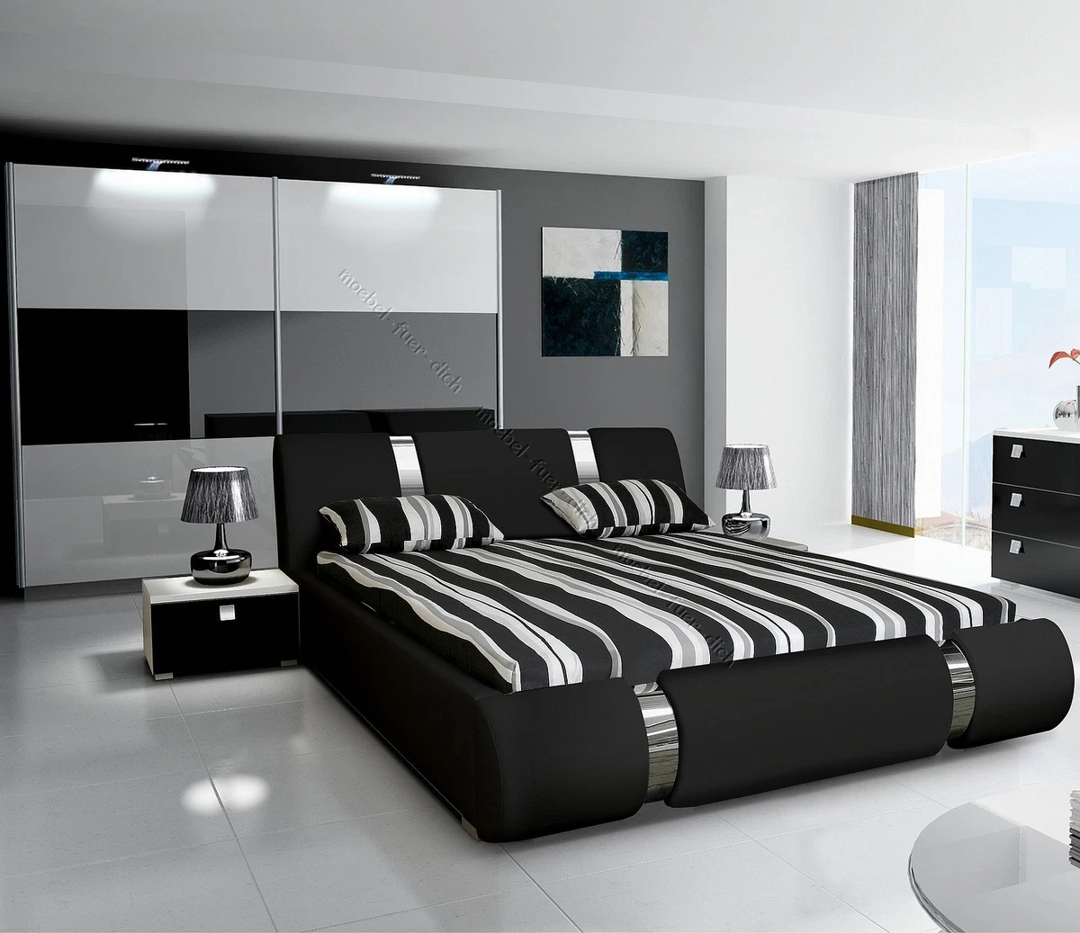 komplett hochglanz schlafzimmer riva ii mit designer-polsterbett schwarz / weiß