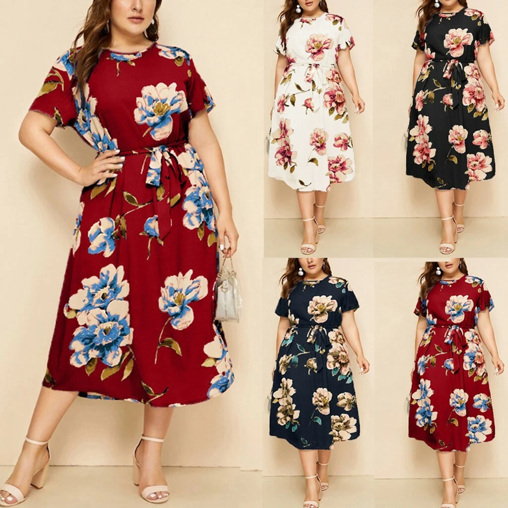 Women s Casual Plus Size O Neck Short Sleeve Print Waist Strap