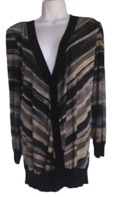 Exclusively Misook Black Taupe Chevron Stripe Cardigan Sweater Sheer Sleeves M