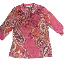 Chico’s Women’s Cotton Ikat Paisley Print Sequin Tunic Top  Pink and Orange