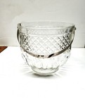Vintage MCM Cast Clear  Glass Ice Bucket Diamond Point Hammered Metal Handle
