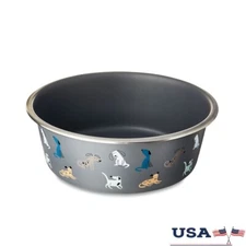 Stainless Steel Dog Bowl Non-Slip Design Easy Clean Dog Print 7.5 Cups New