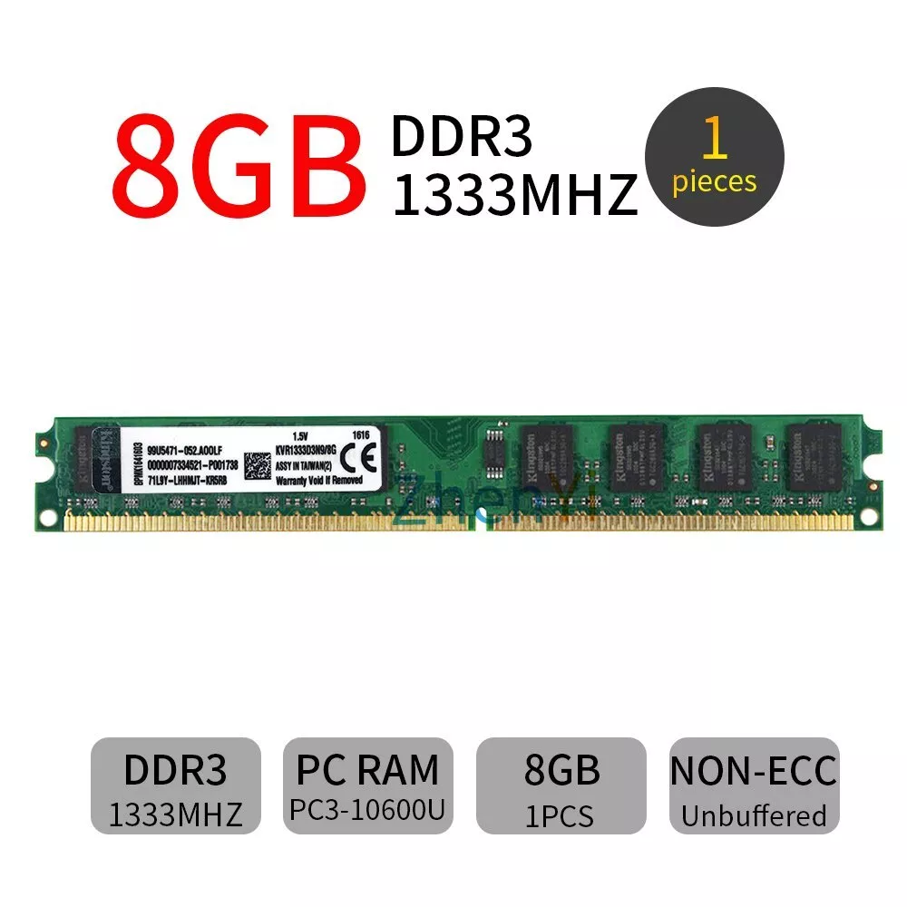 Kingston 8GB DDR3 PC3 10600U 1333MHz 240Pin KVR1333D3N9 8G Desktop