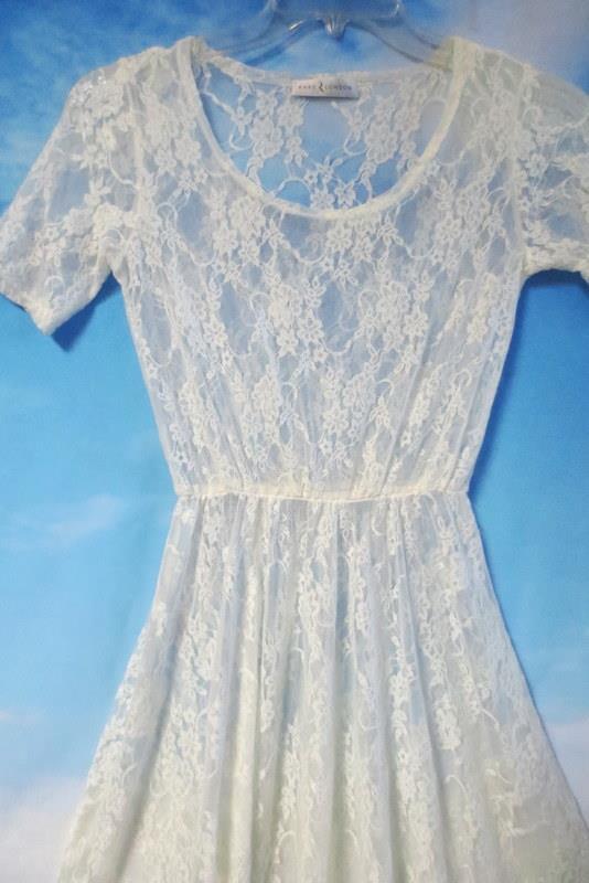 RARE LONDON See Thru Stretchy White Lace Dress w/ Short Sleeves, Rounded  Hemline | eBay
