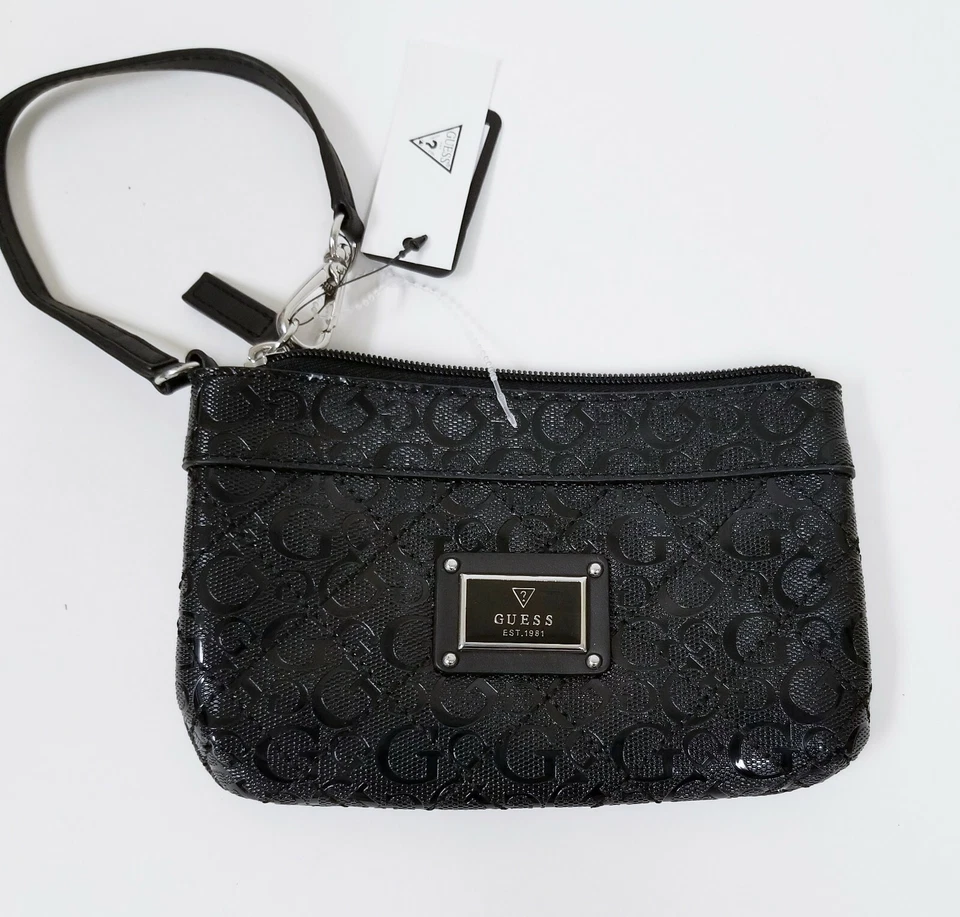 Nuevo GUESS Floración Negro G Logo Brillante Charol PVC Muñequera, Mano, Cartera - Imagen 2 de 4