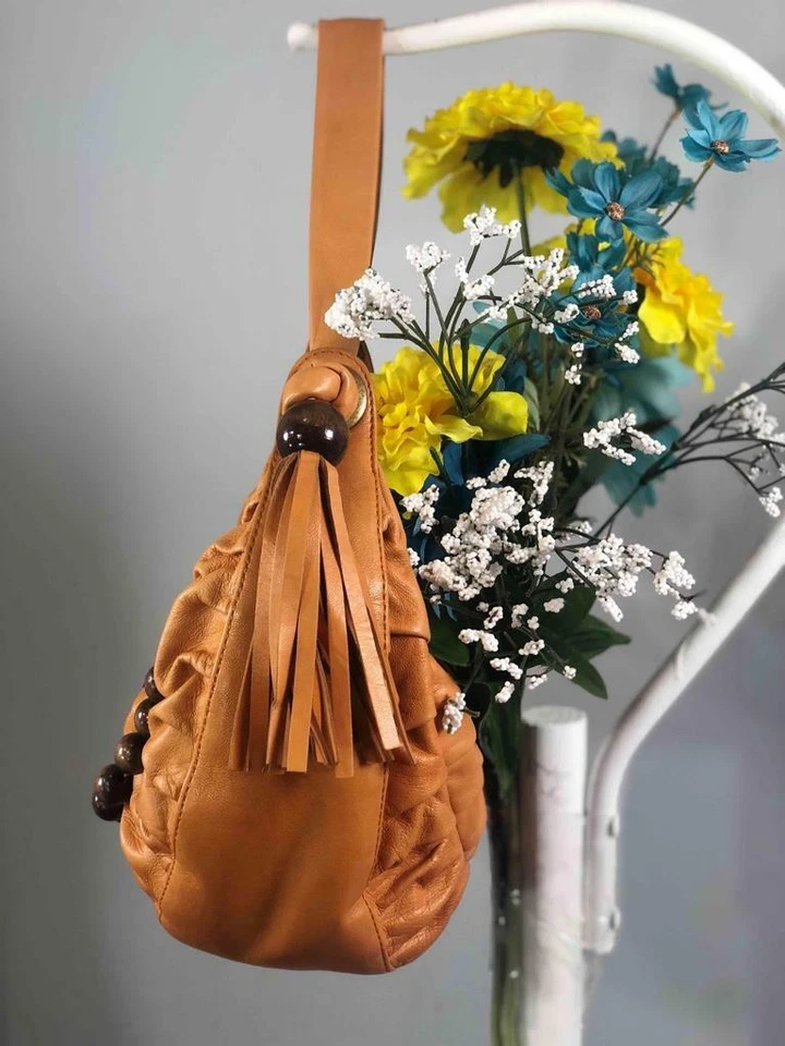 BCBG MAXAZRIA Large Beads Orange Leather Half Moon Fringe Baguette Shoulder Bag - Image 4 of 4