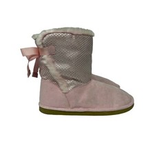 Lands End Pink Faux Fur Suede Bow Slip On Boots Girls Size 7 Star Graphic