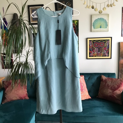 HALSTON size 10 Mint Blue Twisted Crinkle Sleeveless Layered Look Dress NWT