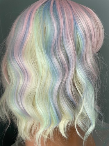 Pastel Rainbow Bodywave Wig with Bangs, 14 Inch Costume Cosplay Wig - Picture 4 of 8