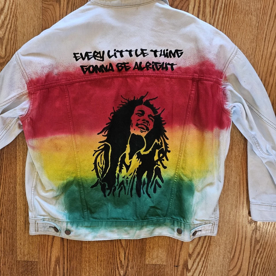 Bob Marley Stencil Spray Painted Denim Jean Jacket Upcycled - Image 4 of 4