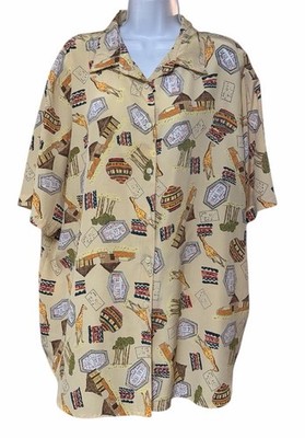Maggie Barnes Shirt Sz 24 W Tribal Africa stamps giraffes Huts Button Up SS