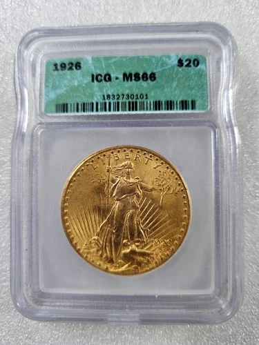 🌟 1926 $20 Gold St. Gaudens Liberty Double Eagle ICG MS66 GEM BU Coin
