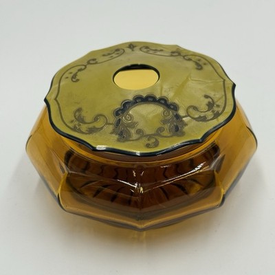Vintage Amber Glass Art Deco Hair Receiver Jar With Scroll Design Celluloid Lid